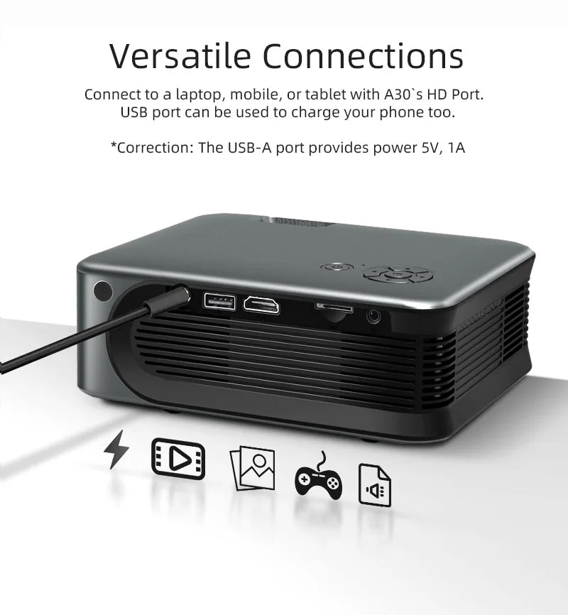 A30 MINI Projector Portable Home Theater Laser Smart TV Beamer 3D Cinema LED Videoprojector for 1080P 4K Movie via HD Port
