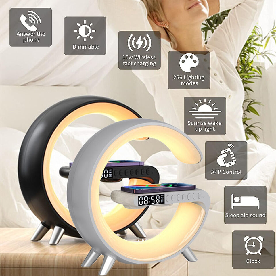 Discover the Ultimate 2023 Smart LED Lamp: Bluetooth Speaker, Wireless Charger, and Atmosphere Light – Perfect for Bedroom or Home Decor!