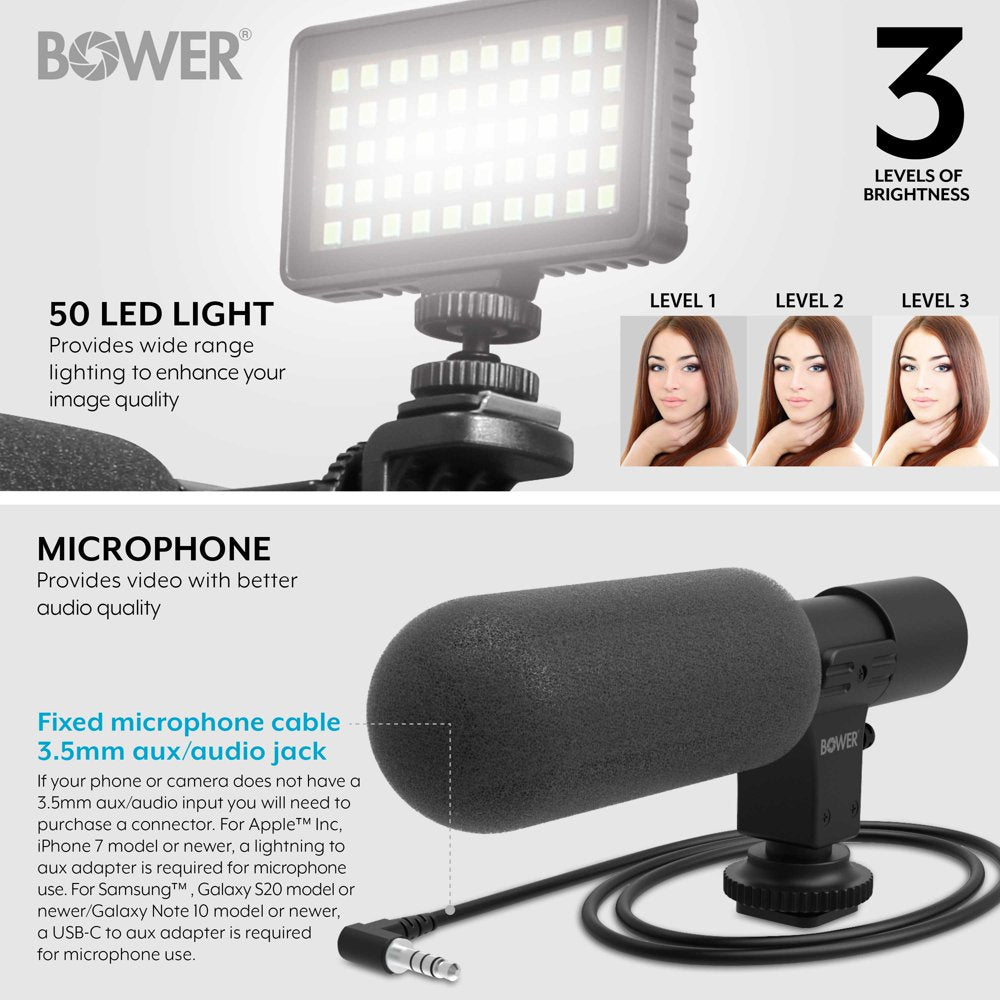 Ultimate Vlogger Kit with 50 LED Light, HD Microphone, Bracket, Phone / Action Camera Mount, Shutter, and Tripod