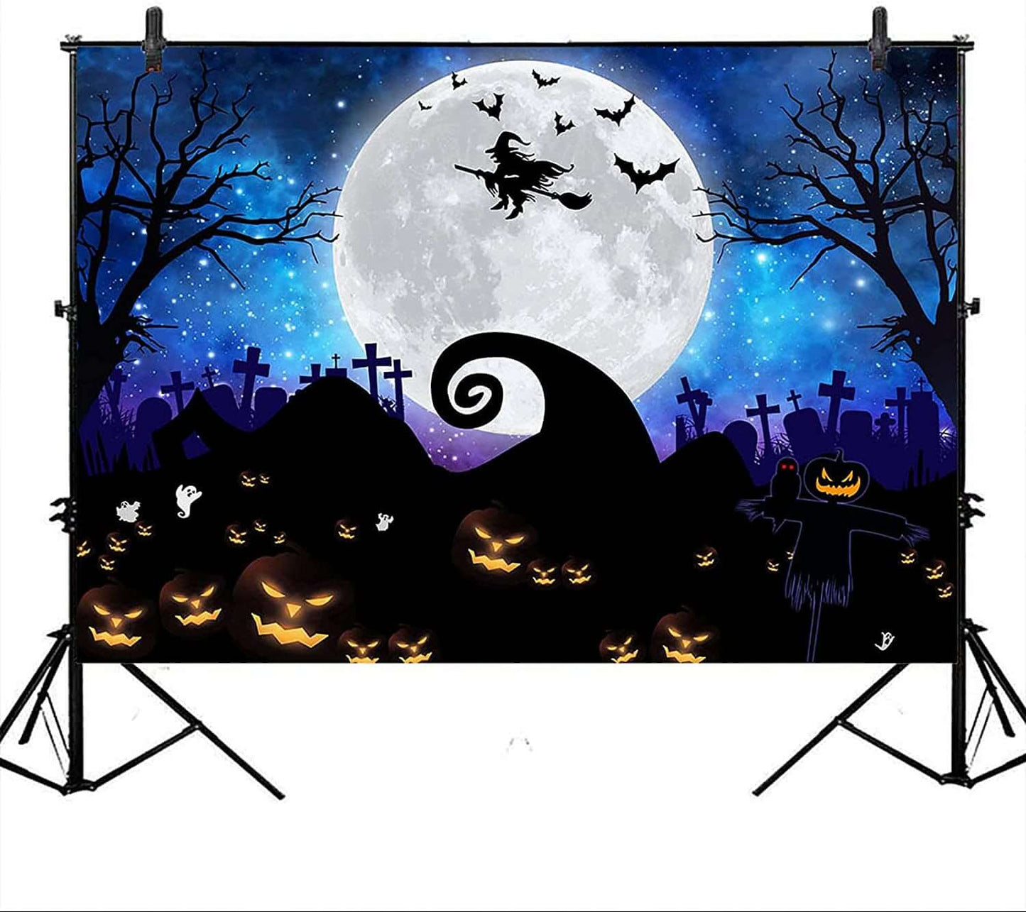 Capture Spooky Moments with our Halloween Photography Backdrop! Featuring a Hauntingly Beautiful Scene with a Glowing Moon, Scary Pumpkins, Bats, and More. Perfect for Halloween Parties, Birthday Celebrations, Baby Showers, and More. Size: 8x6 Feet