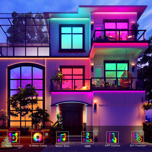 Elevate Your Space with 100Ft RGB Smart LED Strip Lights - Music Sync, Color Changing, Remote and App Control for Bedroom, TV, Home, and Party Decoration