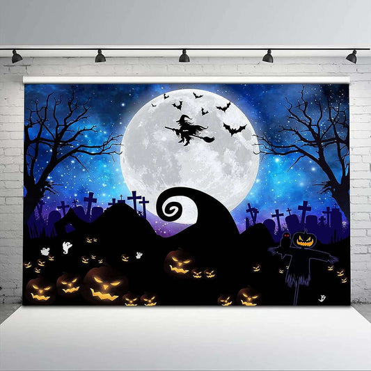 Capture Spooky Moments with our Halloween Photography Backdrop! Featuring a Hauntingly Beautiful Scene with a Glowing Moon, Scary Pumpkins, Bats, and More. Perfect for Halloween Parties, Birthday Celebrations, Baby Showers, and More. Size: 8x6 Feet
