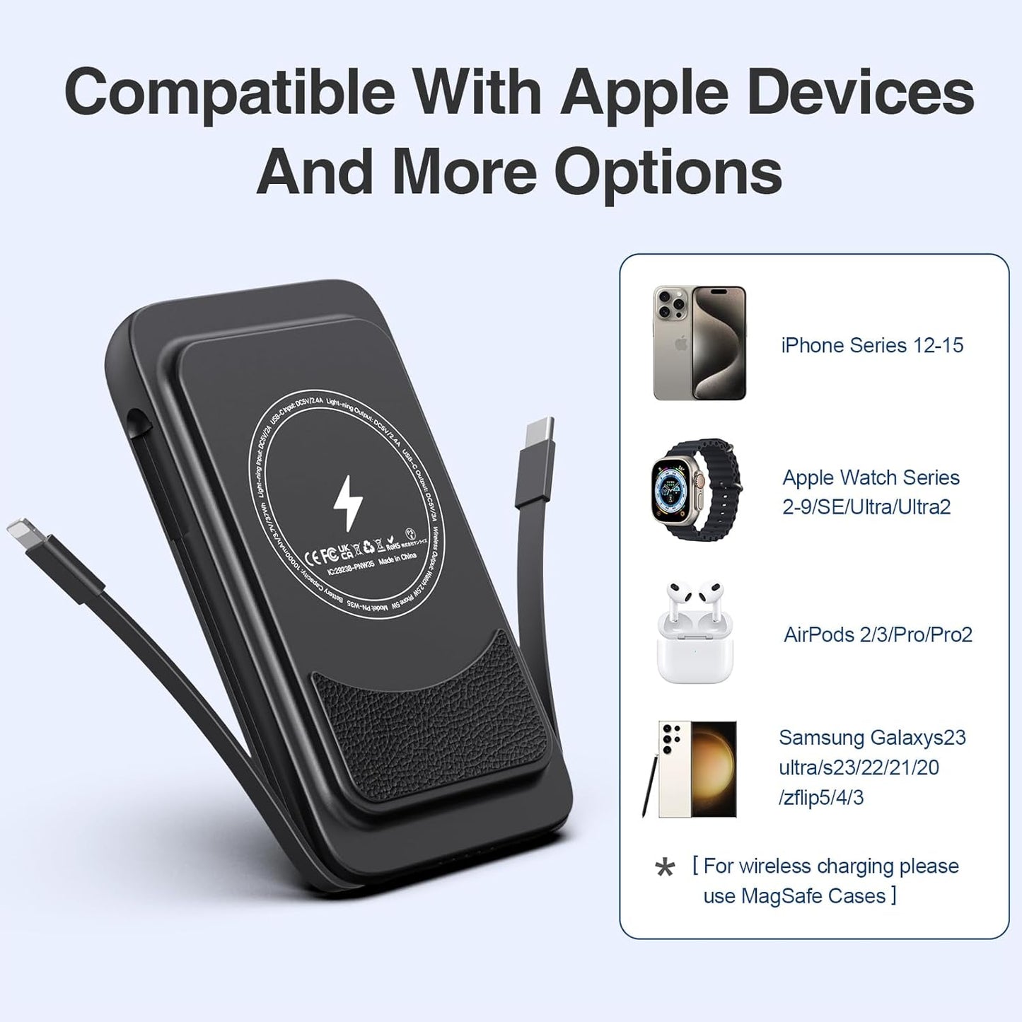 Portable Charger, 10000Mah Magnetic Wireless Power Bank Built-In Cables with Iwatch Charger, Intelligent Charging Mode, Battery Pack for Iphone 15/14/13 Series, Apple Watch Ultra 9/8/7/6/Se
