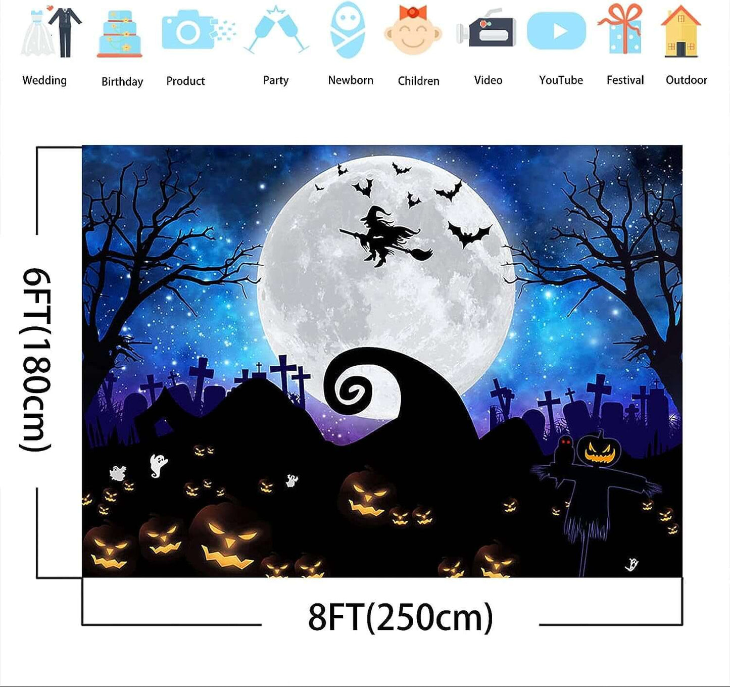 Capture Spooky Moments with our Halloween Photography Backdrop! Featuring a Hauntingly Beautiful Scene with a Glowing Moon, Scary Pumpkins, Bats, and More. Perfect for Halloween Parties, Birthday Celebrations, Baby Showers, and More. Size: 8x6 Feet