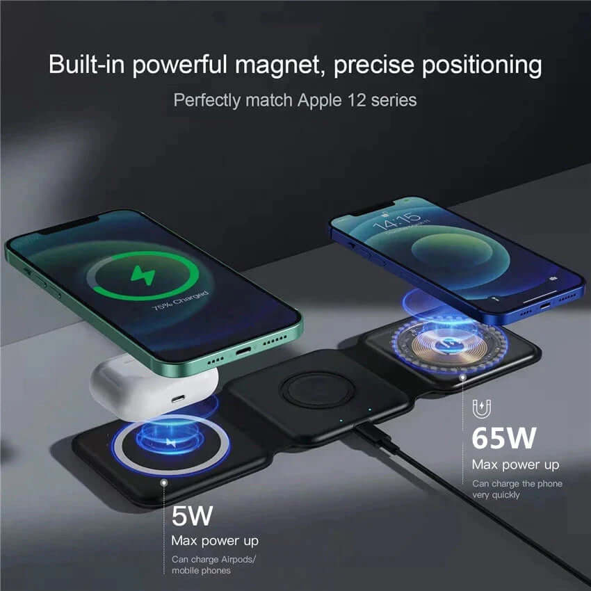 65W 3 in 1 Foldable Magnetic Wireless Charger - Elevate Your Charging Experience for iPhone 14 13 12 Pro XS X, AirPods Pro, and Apple Watch! 🚀⚡