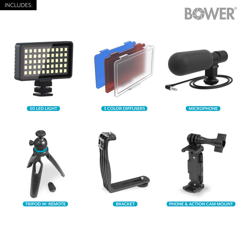 Ultimate Vlogger Kit with 50 LED Light, HD Microphone, Bracket, Phone / Action Camera Mount, Shutter, and Tripod