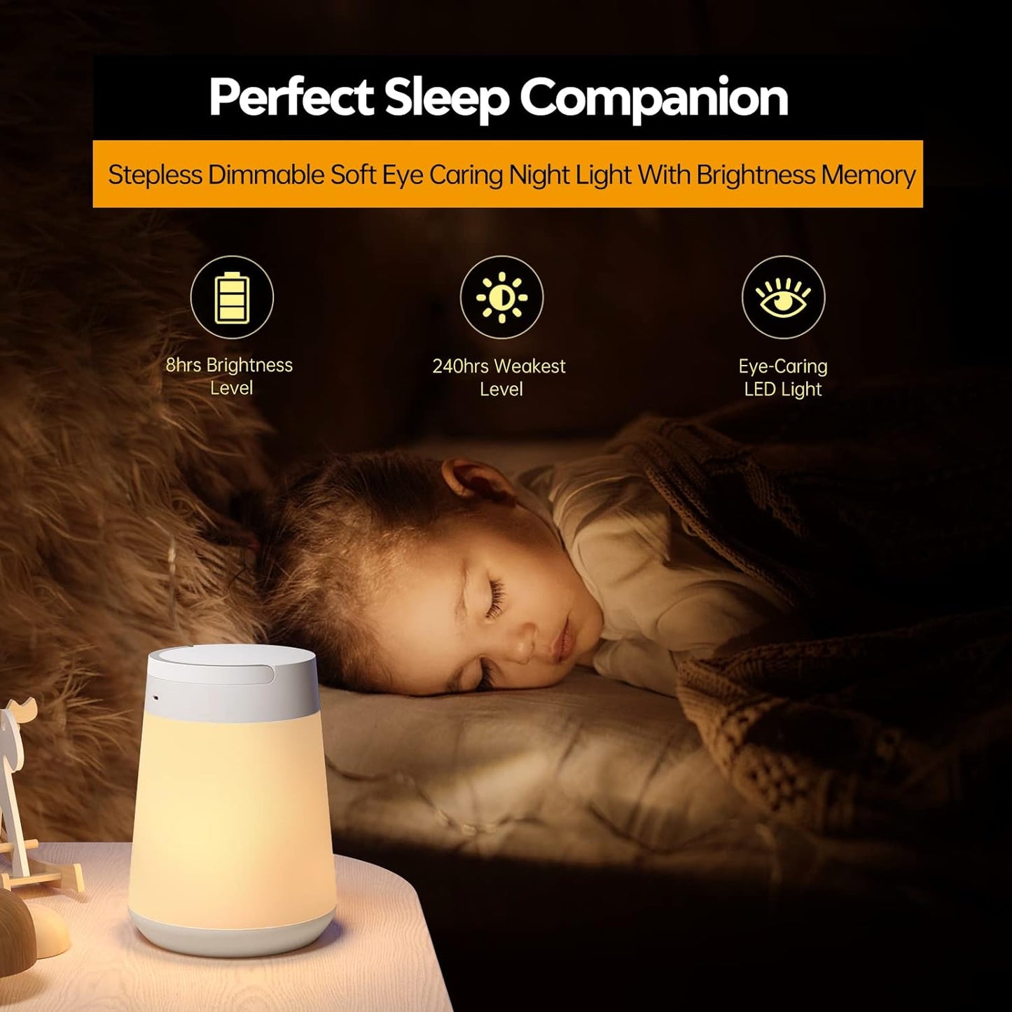 Night Light for Kids, LED Touch Sensor Baby Night Light for Breastfeeding and Sleep Aid, Stepless Dimming Nursery Lamp Rechargeable Portable Night Light with Memory Function Bedside Light