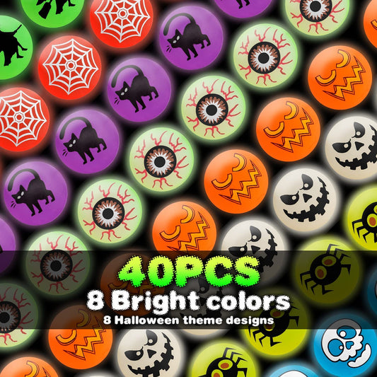 Spooktacular Fun with 40 Glow-in-the-Dark Bouncing Balls: Featuring 8 Halloween-Themed Designs! Perfect for Halloween Party Favors, Trick-or-Treating Goodie Bags, Classroom Game Rewards, and More. Comes with a Handy Pouch Bag