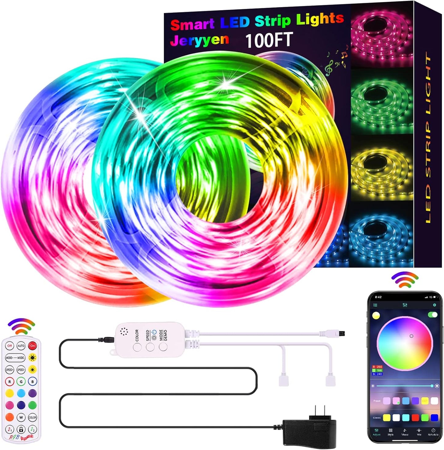 Elevate Your Space with 100Ft RGB Smart LED Strip Lights - Music Sync, Color Changing, Remote and App Control for Bedroom, TV, Home, and Party Decoration