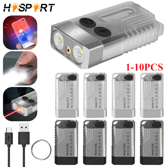 EDC Keychain Light Mini Torch Light Type-C Rechargeable Flashlight LED Work Light Red Laser UV Beep Camping Pocket Lantern