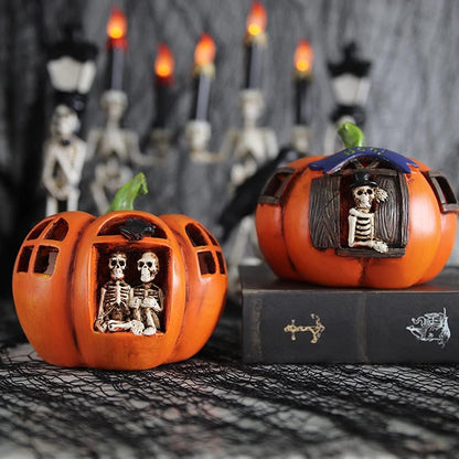 Halloween Pumpkin Statue Led Light Resin Halloween Skeleton and Pumpkin Decoration Home Party Tabletop Lights Skull Trapped in a Pumpkin Ornaments Indoor Outdoor Halloween Decorations