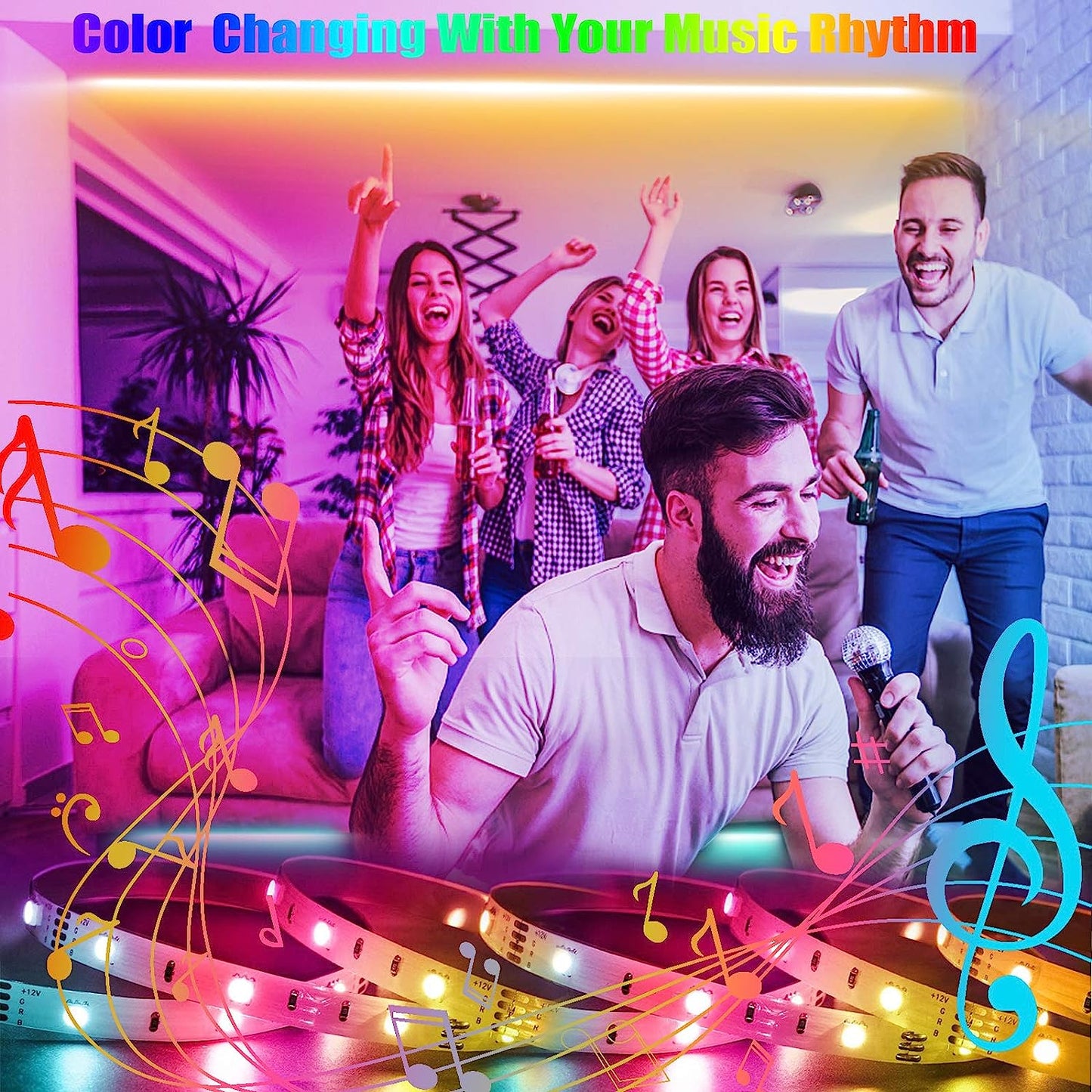 Elevate Your Space with 100Ft RGB Smart LED Strip Lights - Music Sync, Color Changing, Remote and App Control for Bedroom, TV, Home, and Party Decoration