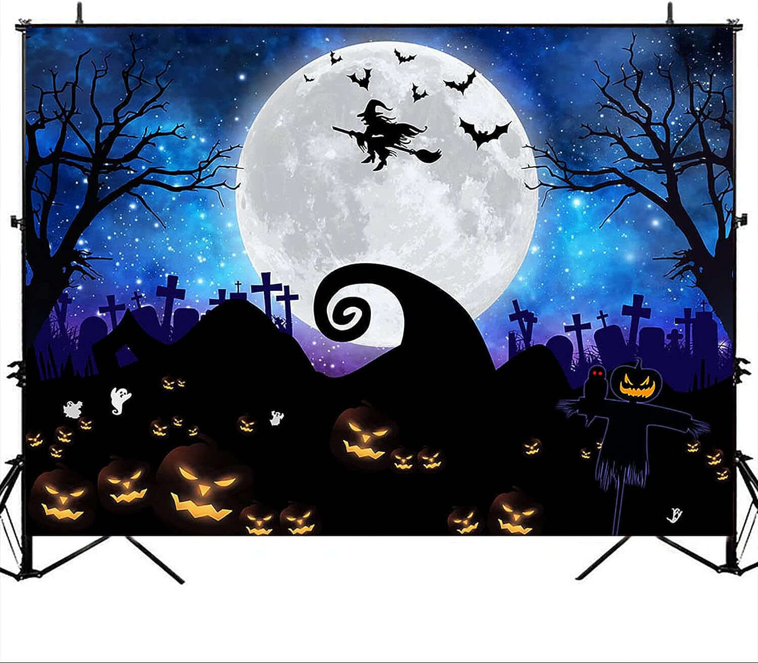 Capture Spooky Moments with our Halloween Photography Backdrop! Featuring a Hauntingly Beautiful Scene with a Glowing Moon, Scary Pumpkins, Bats, and More. Perfect for Halloween Parties, Birthday Celebrations, Baby Showers, and More. Size: 8x6 Feet