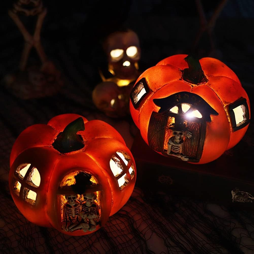 Halloween Pumpkin Statue Led Light Resin Halloween Skeleton and Pumpkin Decoration Home Party Tabletop Lights Skull Trapped in a Pumpkin Ornaments Indoor Outdoor Halloween Decorations