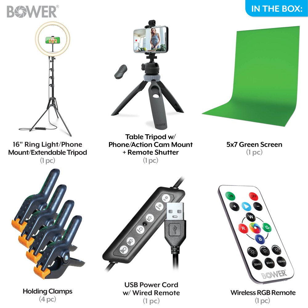Content Creator Kit With16-Inch RGB Ring Light, 62-Inch Adjustable Tripod, and Green Screen for Content Creation Camera Accessory