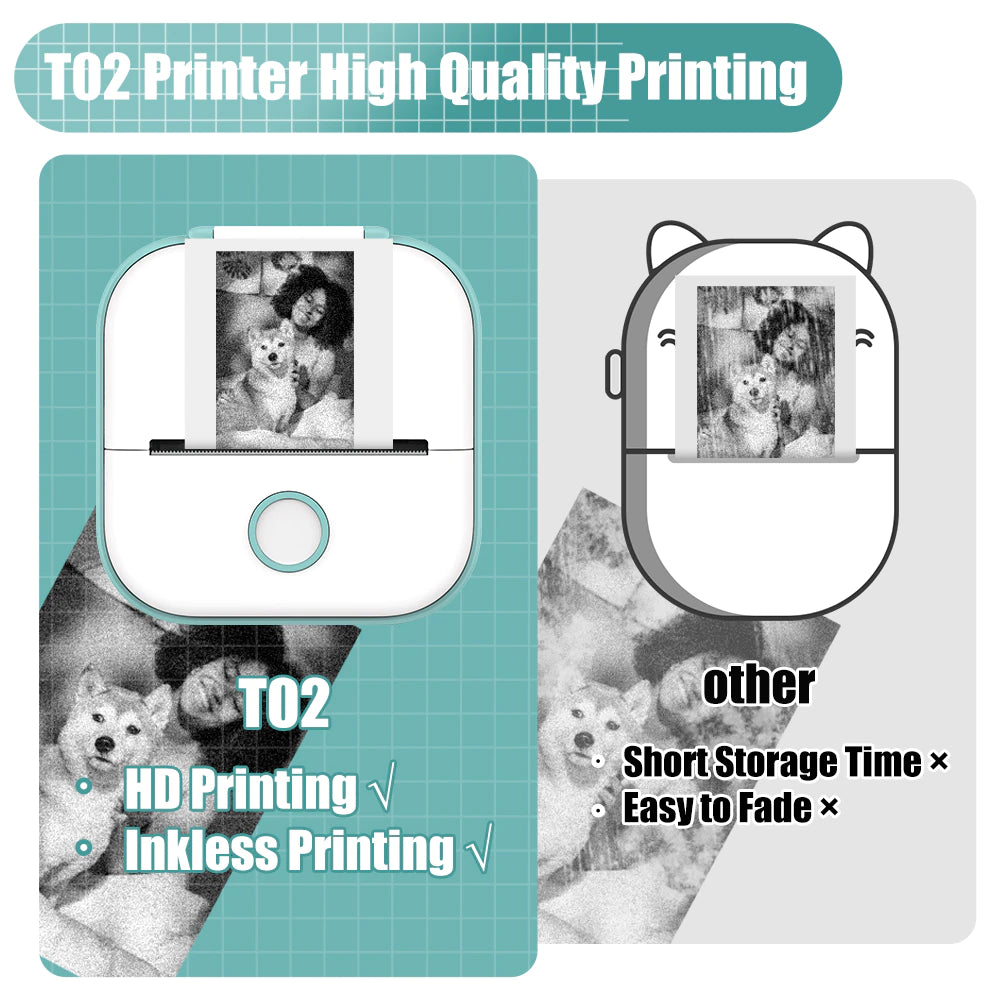 T02 Portable Mini Wireless Thermal Pocket Printer - Ideal for DIY and Journal Stickers