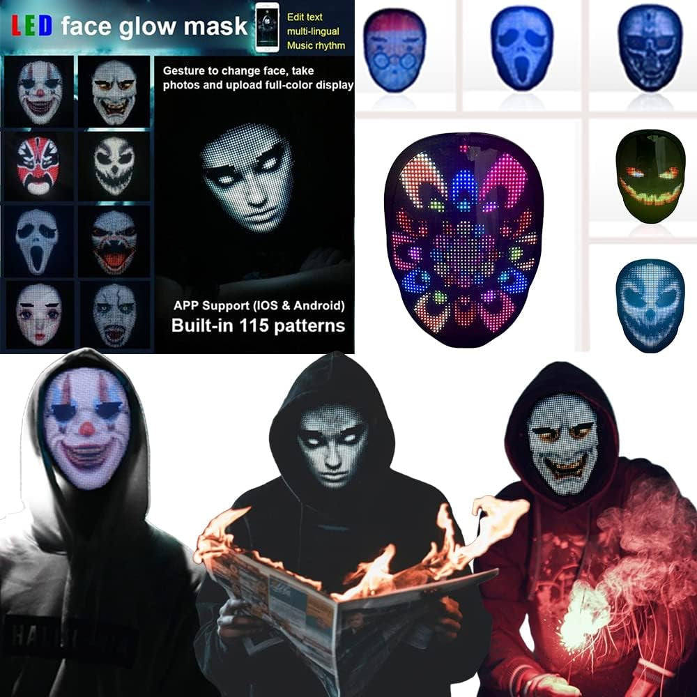 LED Mask Bluetooth-App Programmable Control Glowing RGB Rechargable Light-Up Mask Halloween Costume Cosplay