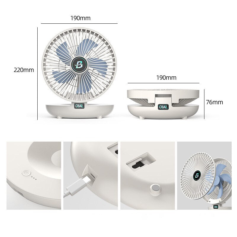 Wall-Mounted Desktop Fan Type-C Charging Portable Table Fans 3 Speeds Silent Brushless Motor Foldable Air Cooler for Home Office