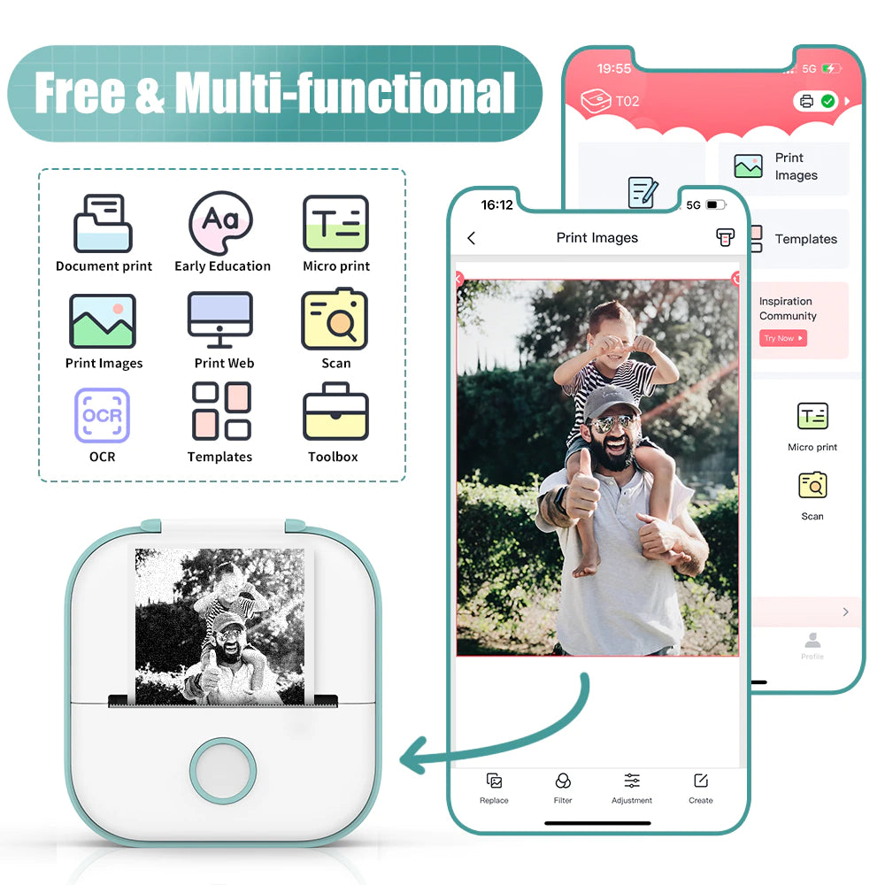 T02 Portable Mini Wireless Thermal Pocket Printer - Ideal for DIY and Journal Stickers