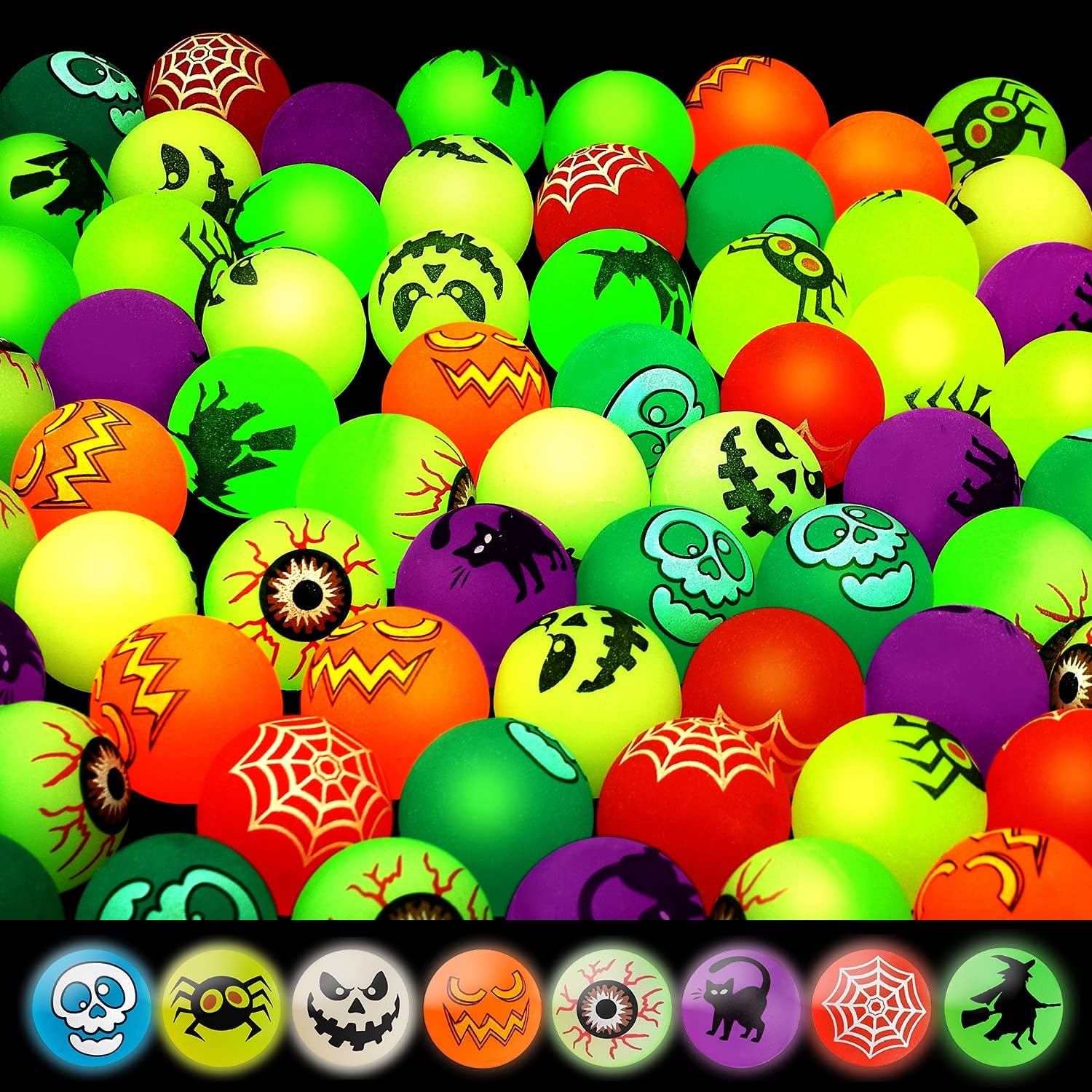 Spooktacular Fun with 40 Glow-in-the-Dark Bouncing Balls: Featuring 8 Halloween-Themed Designs! Perfect for Halloween Party Favors, Trick-or-Treating Goodie Bags, Classroom Game Rewards, and More. Comes with a Handy Pouch Bag