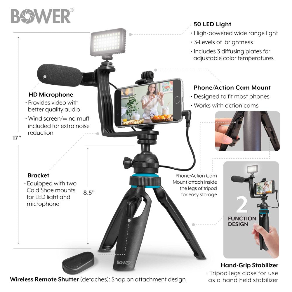 Ultimate Vlogger Kit with 50 LED Light, HD Microphone, Bracket, Phone / Action Camera Mount, Shutter, and Tripod