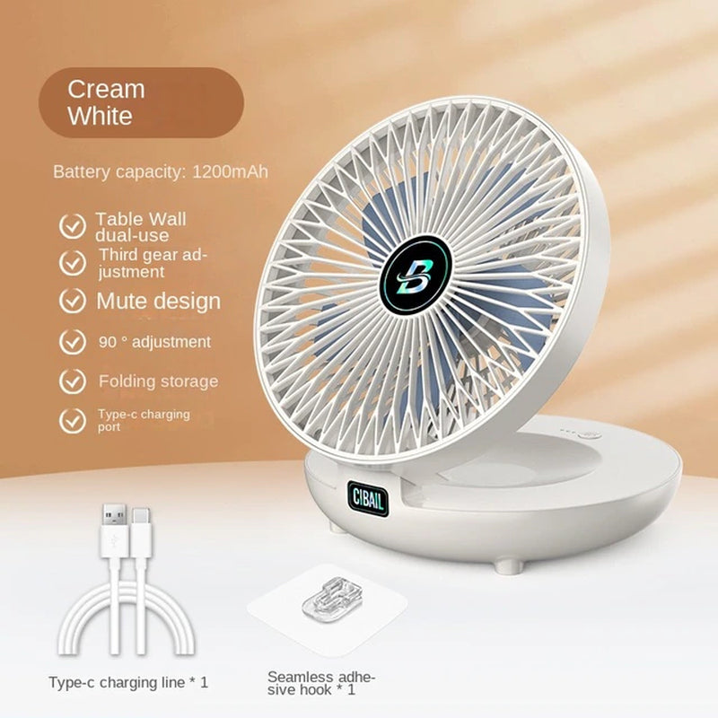 Wall-Mounted Desktop Fan Type-C Charging Portable Table Fans 3 Speeds Silent Brushless Motor Foldable Air Cooler for Home Office