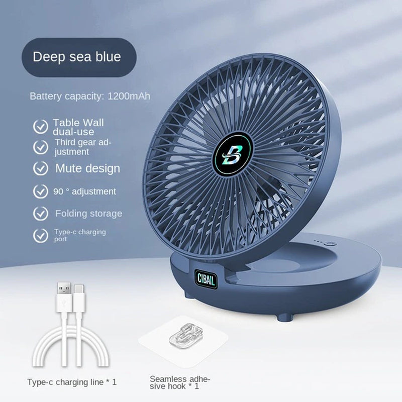 Wall-Mounted Desktop Fan Type-C Charging Portable Table Fans 3 Speeds Silent Brushless Motor Foldable Air Cooler for Home Office